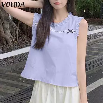 VONDA Женские повседневные кружевные свободные майки без рукавов с круглым вырезом и рюшами