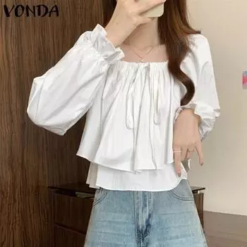 VONDA Женские повседневные многослойные блузки с квадратным вырезом и длинным рукавом S чёрный