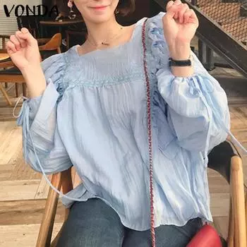 VONDA Женские повседневные многослойные блузки с оборками и квадратным вырезом, с длинными рукавами S синий