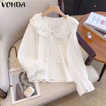 VONDA Женские повседневные однотонные блузки с длинным рукавом и лацканами на завязках 2XL жёлтый