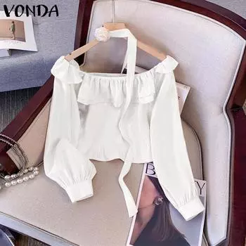 VONDA Женские повседневные однотонные блузки с круглым вырезом и длинным рукавом S синий