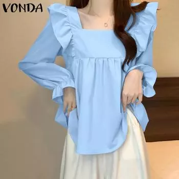VONDA Женские повседневные однотонные блузки с квадратным вырезом и длинным рукавом с оборками S жёлтый