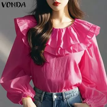 VONDA Женские повседневные однотонные блузки с оборками и круглым вырезом с длинным рукавом S жёлтый