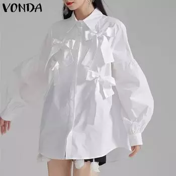VONDA Женские повседневные однотонные рубашки с длинными рукавами с декоративными узлами 4XL розовый