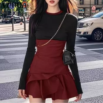 VONDA Женские повседневные платья с круглым вырезом и контрастным цветом, с длинным рукавом, обтягивающие, плиссированные S хаки