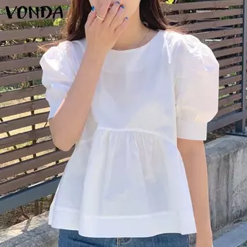VONDA Женские повседневные плиссированные однотонные свободные блузки с круглым вырезом и короткими рукавами
