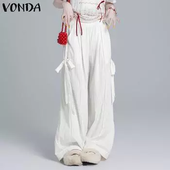 VONDA Женские повседневные прямые брюки с эластичным поясом и карманами L синий