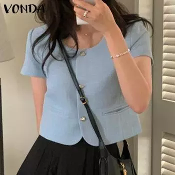 VONDA Женские повседневные свободные блузки с круглым вырезом и коротким рукавом