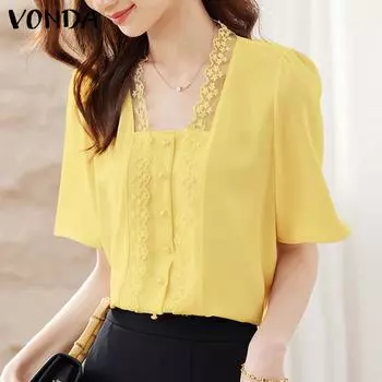 VONDA Женские повседневные свободные блузки с квадратным вырезом и короткими рукавами на шнуровке