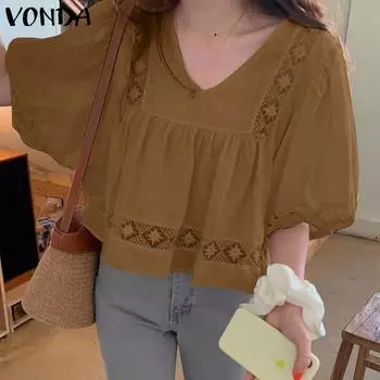 VONDA женские повседневные свободные блузки с v-образным вырезом и короткими рукавами, кружевные сращивания S розовый