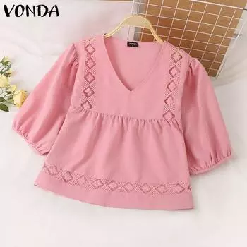 VONDA женские повседневные свободные блузки с v-образным вырезом и короткими рукавами, кружевные сращивания