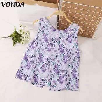VONDA Женские повседневные свободные майки без рукавов с цветочным принтом и круглым вырезом 4XL светло-фиолетовый