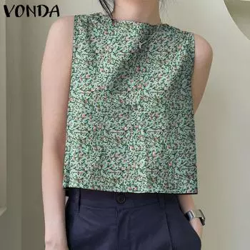 VONDA Женские повседневные свободные майки с круглым вырезом и цветочным принтом без рукавов 5XL красный