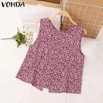 VONDA Женские повседневные свободные майки с круглым вырезом и цветочным принтом без рукавов 4XL розовый