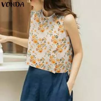 VONDA Женские повседневные свободные майки без рукавов с цветочным принтом и круглым вырезом
