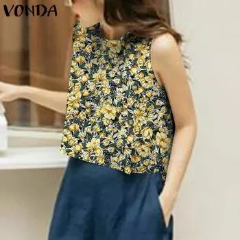 VONDA Женские повседневные свободные майки с круглым вырезом и цветочным принтом без рукавов 5XL красный