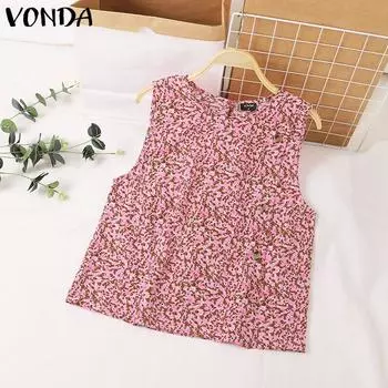 VONDA Женские повседневные свободные майки с круглым вырезом и цветочным принтом без рукавов 4XL розовый