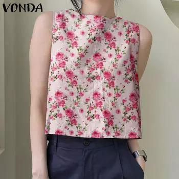 VONDA Женские повседневные свободные майки без рукавов с цветочным принтом и круглым вырезом