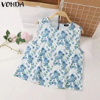 VONDA Женские повседневные свободные майки с круглым вырезом и цветочным принтом без рукавов 5XL синий