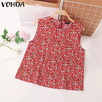 VONDA Женские повседневные свободные майки с круглым вырезом и цветочным принтом без рукавов 5XL красный