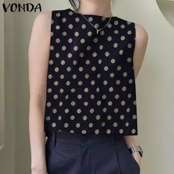 VONDA Женские повседневные свободные майки с круглым вырезом и без рукавов в горошек 3XL зелёный