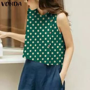 VONDA Женские повседневные свободные майки с круглым вырезом и без рукавов в горошек 5XL зелёный