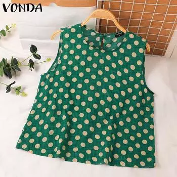 VONDA Женские повседневные свободные майки с круглым вырезом и без рукавов в горошек