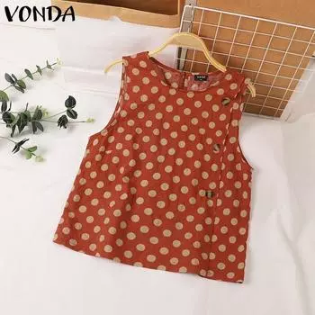 VONDA Женские повседневные свободные майки с круглым вырезом и без рукавов в горошек 4XL оранжевый