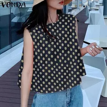 VONDA Женские повседневные свободные майки с круглым вырезом и без рукавов в горошек