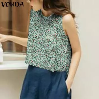 VONDA Женские повседневные свободные майки с круглым вырезом и цветочным принтом без рукавов 4XL красный