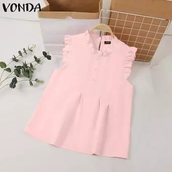 VONDA женские повседневные свободные однотонные блузки без рукавов с воротником-стойкой и рюшами