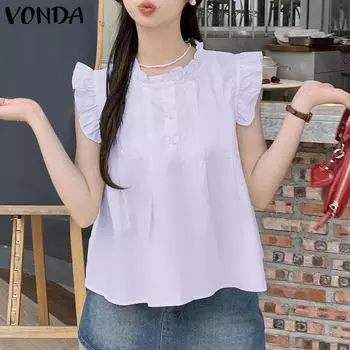 VONDA женские повседневные свободные однотонные блузки без рукавов с воротником-стойкой и рюшами