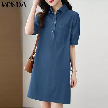 VONDA Женские повседневные свободные платья с короткими рукавами и воротником-рубашкой M чёрный