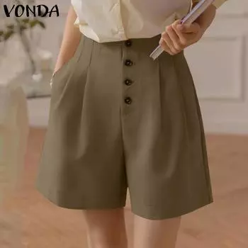 VONDA Женские повседневные свободные шорты с эластичной талией, пуговицами и карманами S хаки