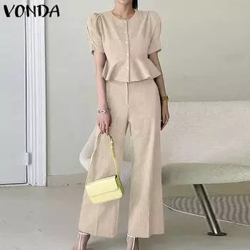 VONDA Женские повседневные топы с круглым вырезом и короткими рукавами, широкие брюки, комплекты