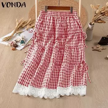 VONDA Женские повседневные юбки с эластичной талией и кружевным подолом в клетку S коричневый
