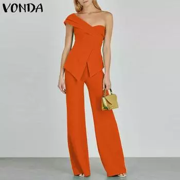 VONDA Женские прямые брюки с разрезом на одно плечо и неровным подолом 3XL зелёный