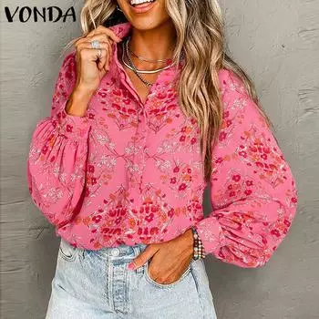 VONDA Женские рубашки с длинным рукавом и цветочным принтом на осень 3XL розовый
