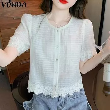 VONDA Женские рубашки с круглым вырезом и коротким рукавом, кружевные вязаные крючком с цветочным принтом S белый