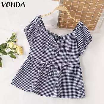 VONDA Женские свободные блузки с круглым вырезом и короткими рукавами в клетку, однотонные