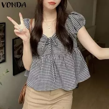 VONDA Женские свободные блузки с круглым вырезом и короткими рукавами в клетку, однотонные