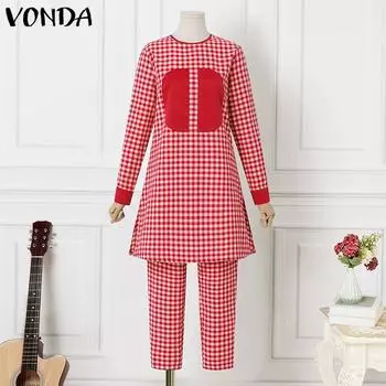 VONDA Женские свободные клетчатые блузки и брюки большого размера с круглым вырезом и длинными рукавами L красный
