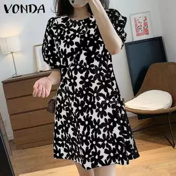 VONDA Женские свободные платья с круглым вырезом и коротким рукавом с принтом S зелёный