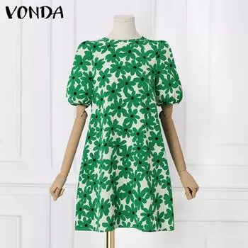 VONDA Женские свободные платья с круглым вырезом и коротким рукавом с принтом S зелёный