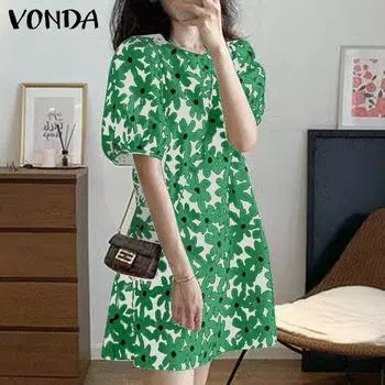 VONDA женские свободные платья трапециевидной формы с круглым вырезом и пышными рукавами с коротким рукавом и принтом
