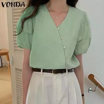 VONDA Женские топы с короткими рукавами и V-образным вырезом на пуговицах