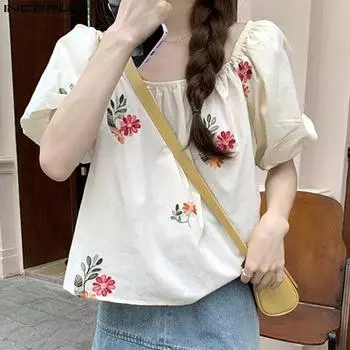 VONDA Женские топы с квадратным воротником и короткими пышными рукавами с цветочным принтом