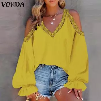 VONDA Женские винтажные блузки-фонарики с V-образным вырезом и длинными рукавами, с открытыми плечами, кружевные блузки S белый