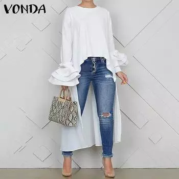VONDA Женские винтажные блузки с круглым вырезом и неровным подолом, длинные рукава S белый