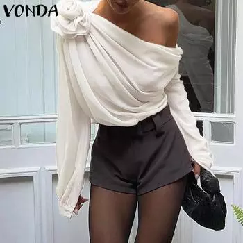 VONDA Женские винтажные блузки с открытыми плечами и цветочным узором с длинным рукавом S белый